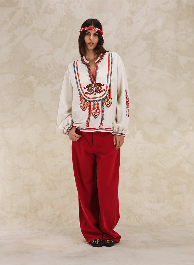Cinthya Embroidered Blouse in Cotton Linen