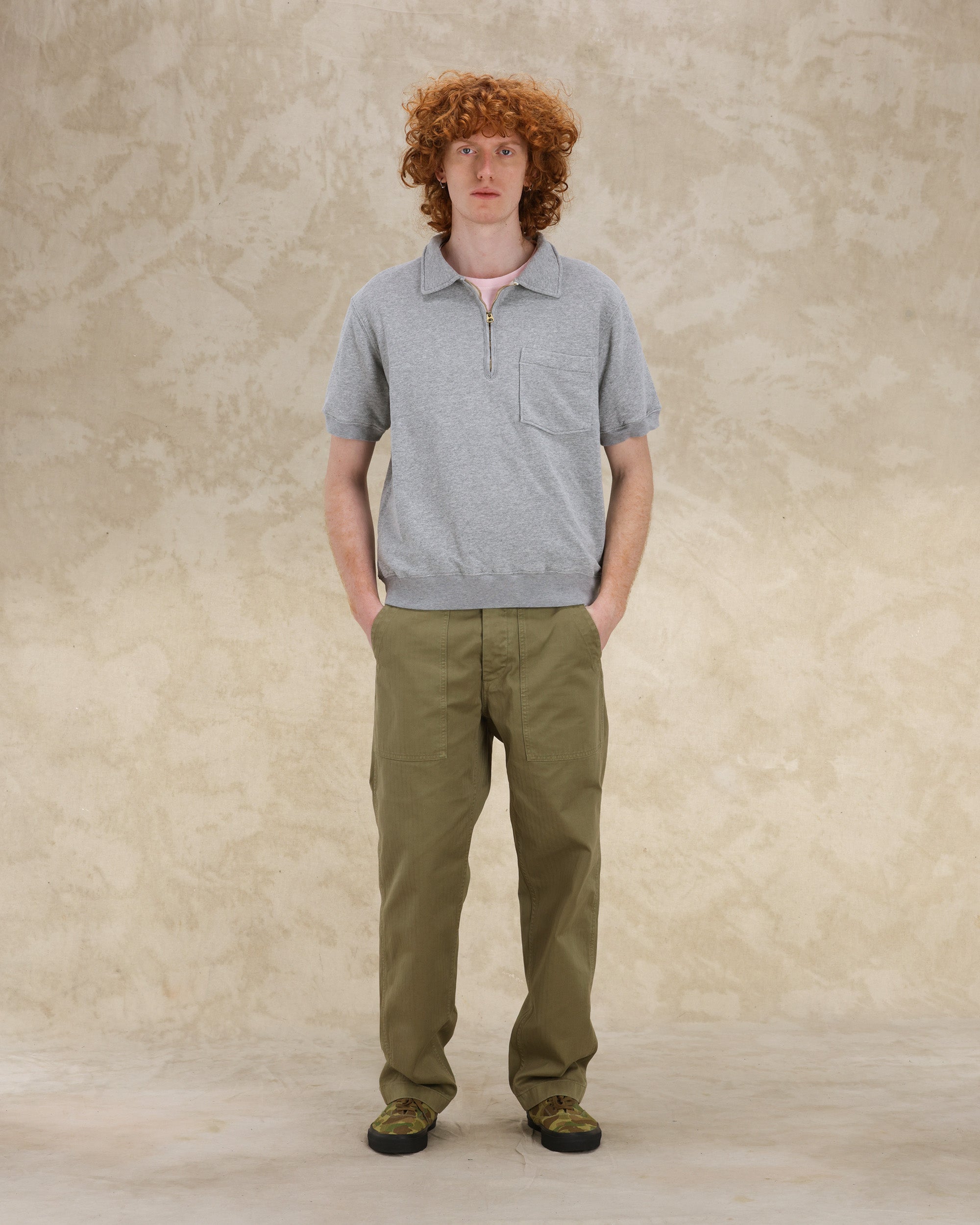 Yalepm Brushed Jersey Quarter Zip Collared Short Sleeve Sweatshirt