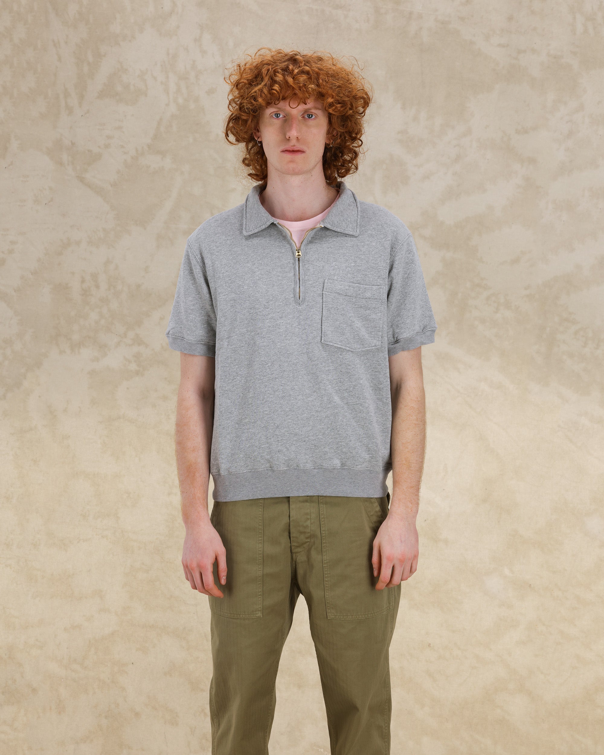 Yalepm Brushed Jersey Quarter Zip Collared Short Sleeve Sweatshirt
