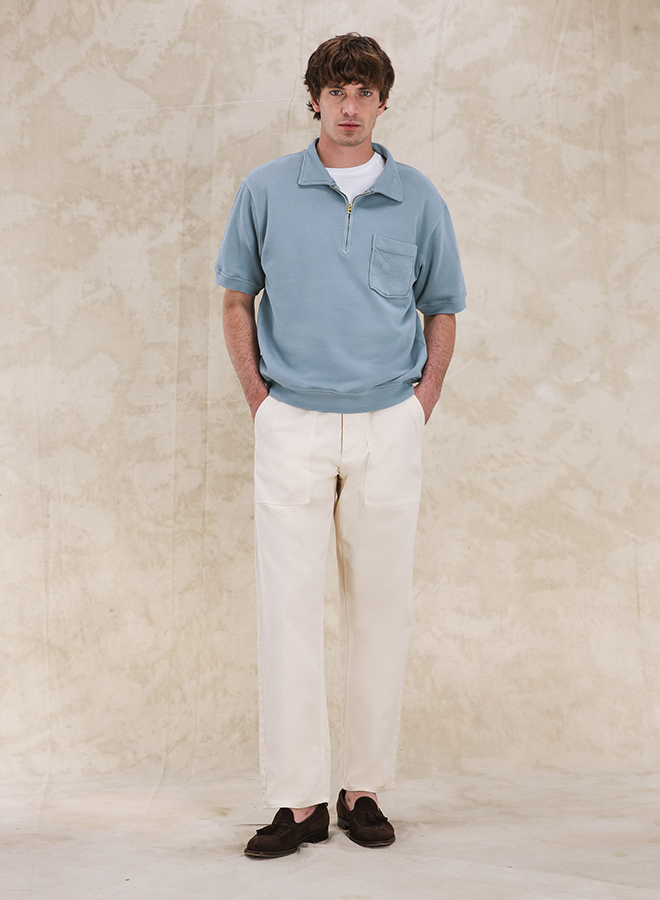 Yalepm Brushed Jersey Quarter Zip Collared Short Sleeve Sweatshirt