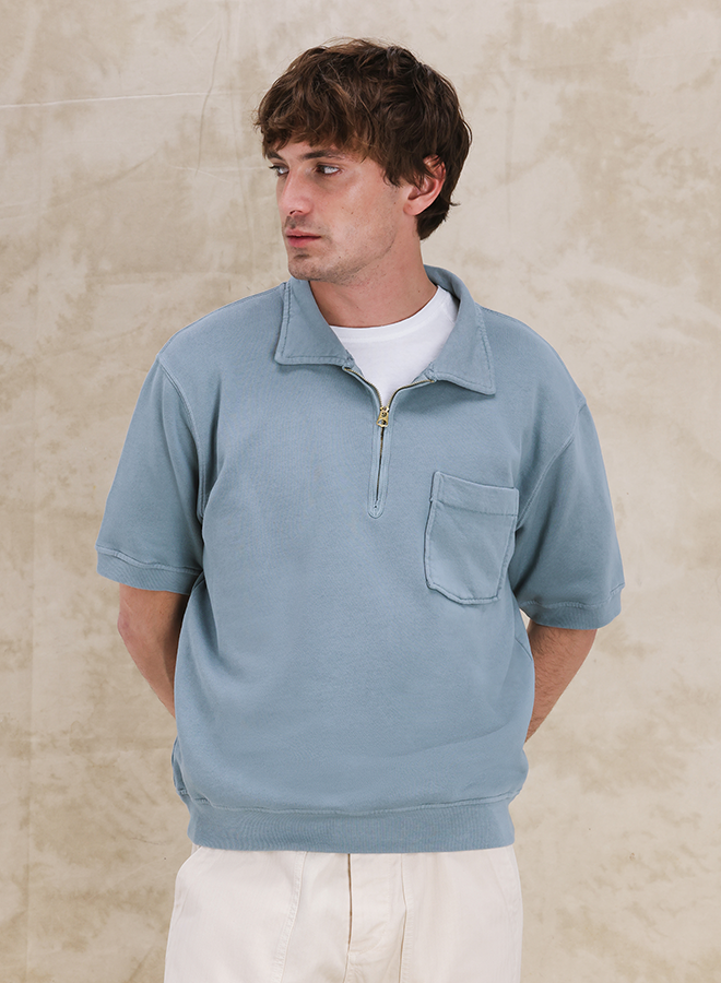 Yalepm Brushed Jersey Quarter Zip Collared Short Sleeve Sweatshirt