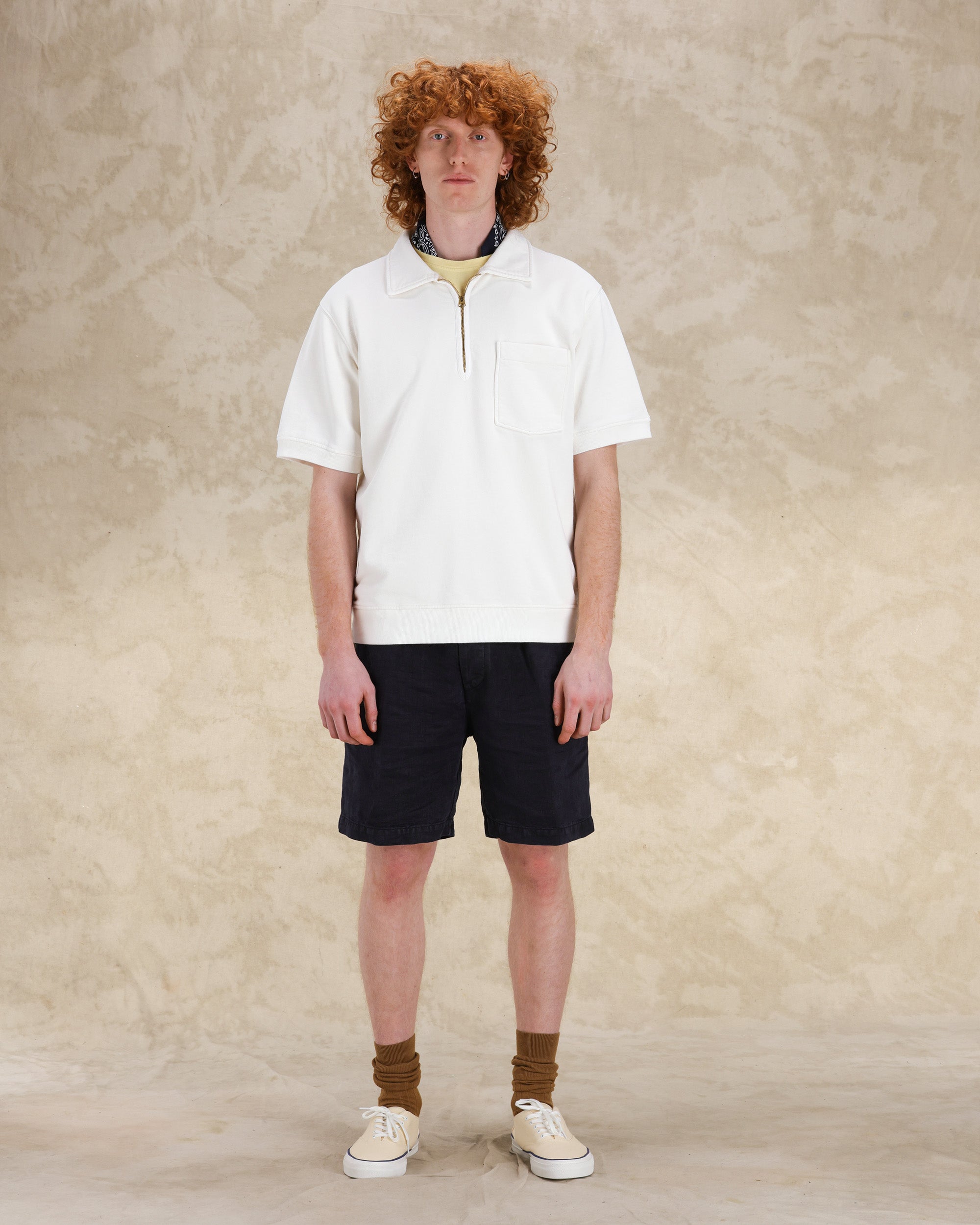 Yalepm Brushed Jersey Quarter Zip Collared Short Sleeve Sweatshirt