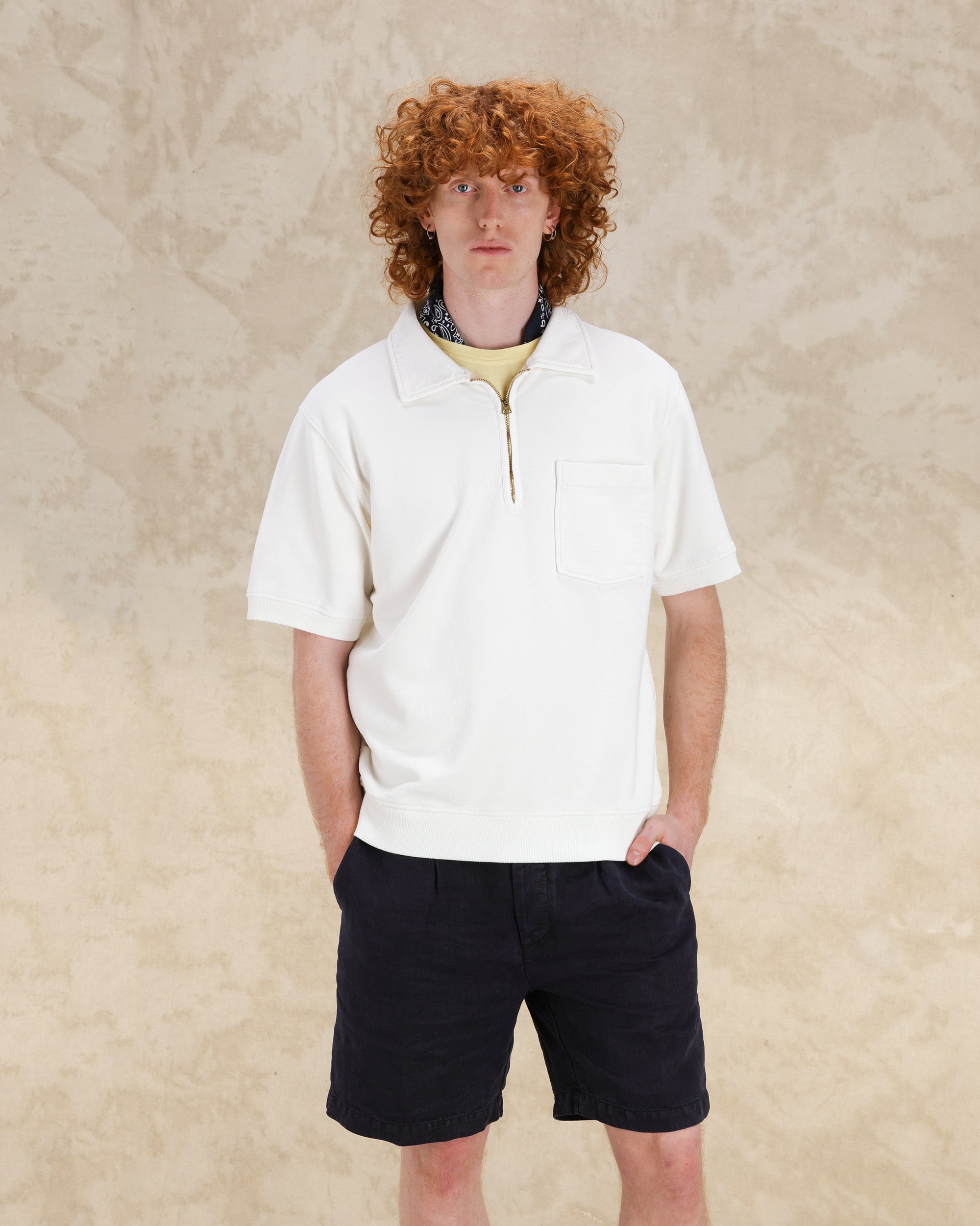 Yalepm Brushed Jersey Quarter Zip Collared Short Sleeve Sweatshirt